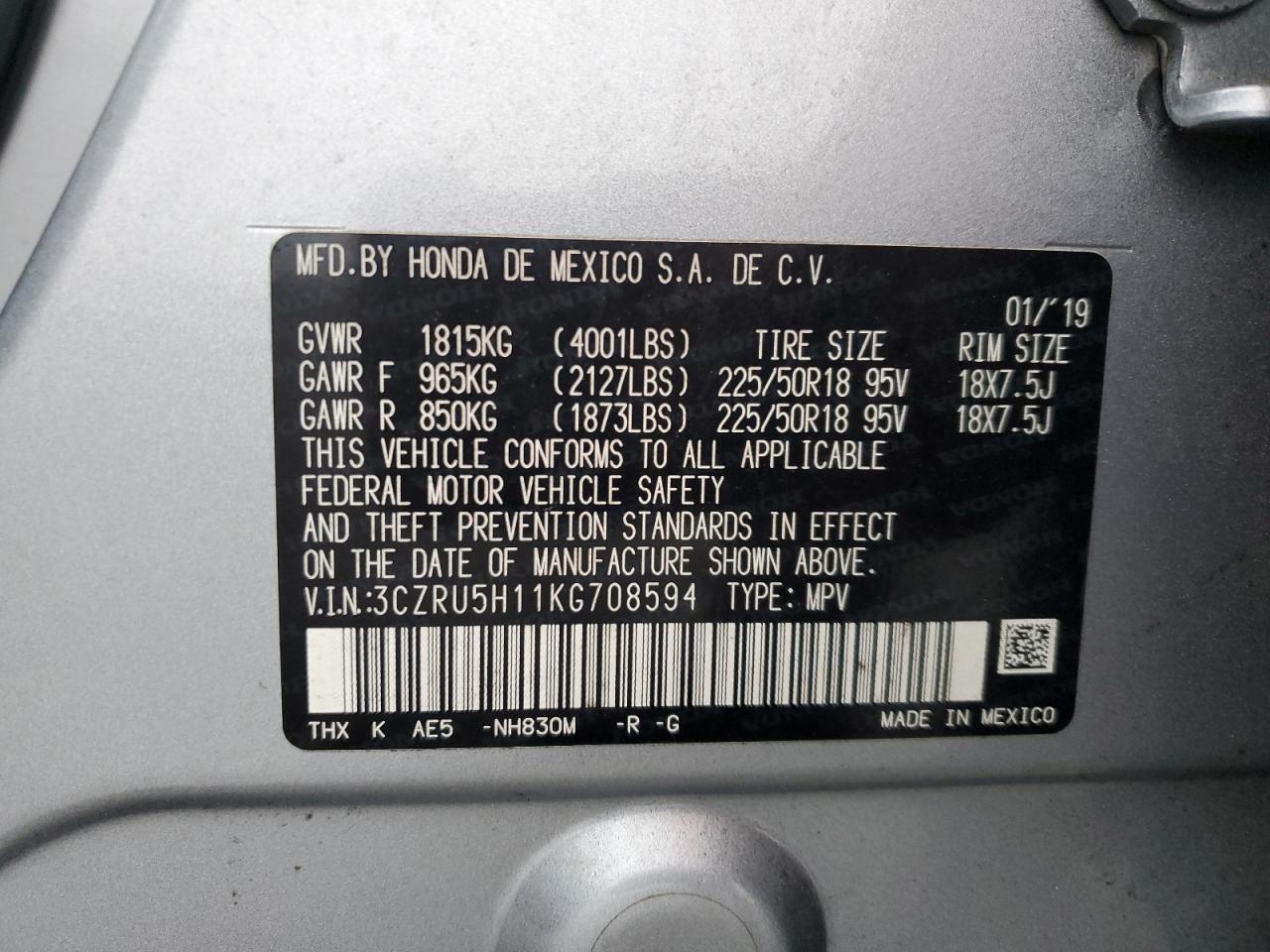 2019 Honda HR-V VIN 3CZRU5H11KG708594 Copart auction photo, front end damage thumbnail 13