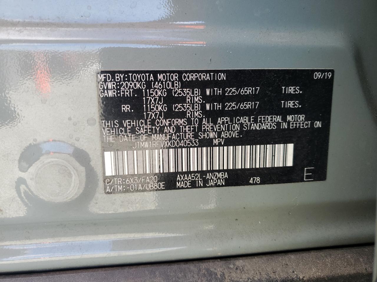 2019 Toyota RAV 4 VIN JTMW1RFVXKD040533 Copart auction photo, front end damage thumbnail 15