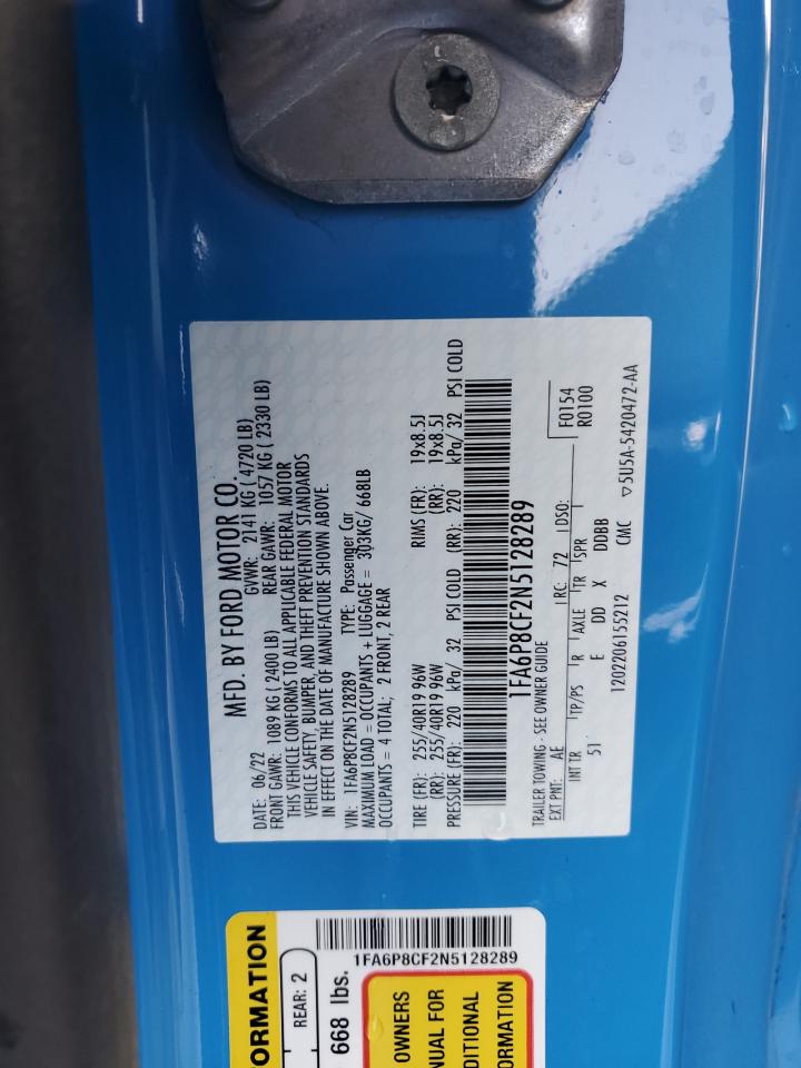 2022 Ford Mustang VIN 1FA6P8CF2N5128289 Copart auction photo, water/flood damage thumbnail 14