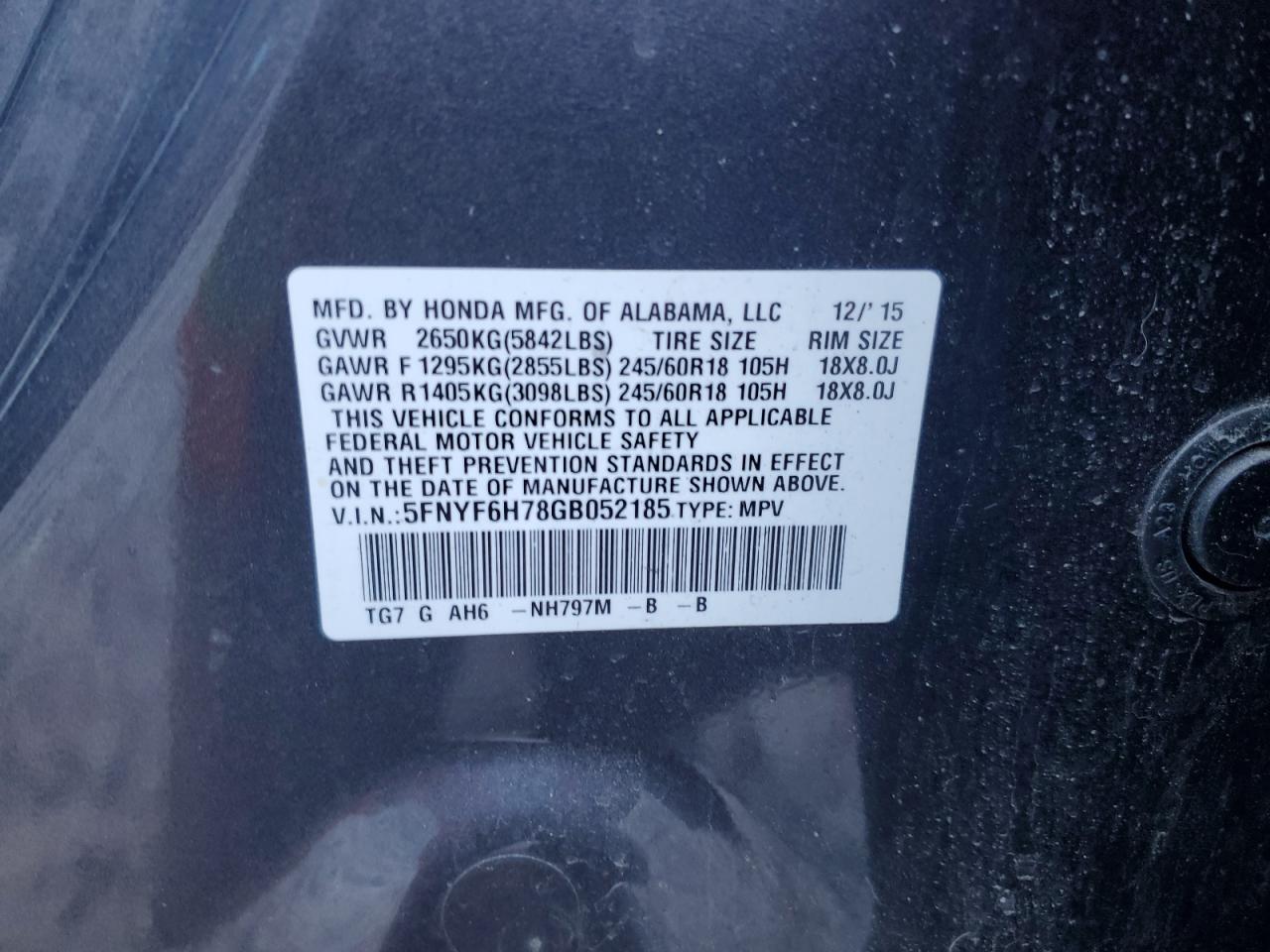 2016 Honda Pilot VIN 5FNYF6H78GB052185 Copart auction photo, vandalism damage thumbnail 13