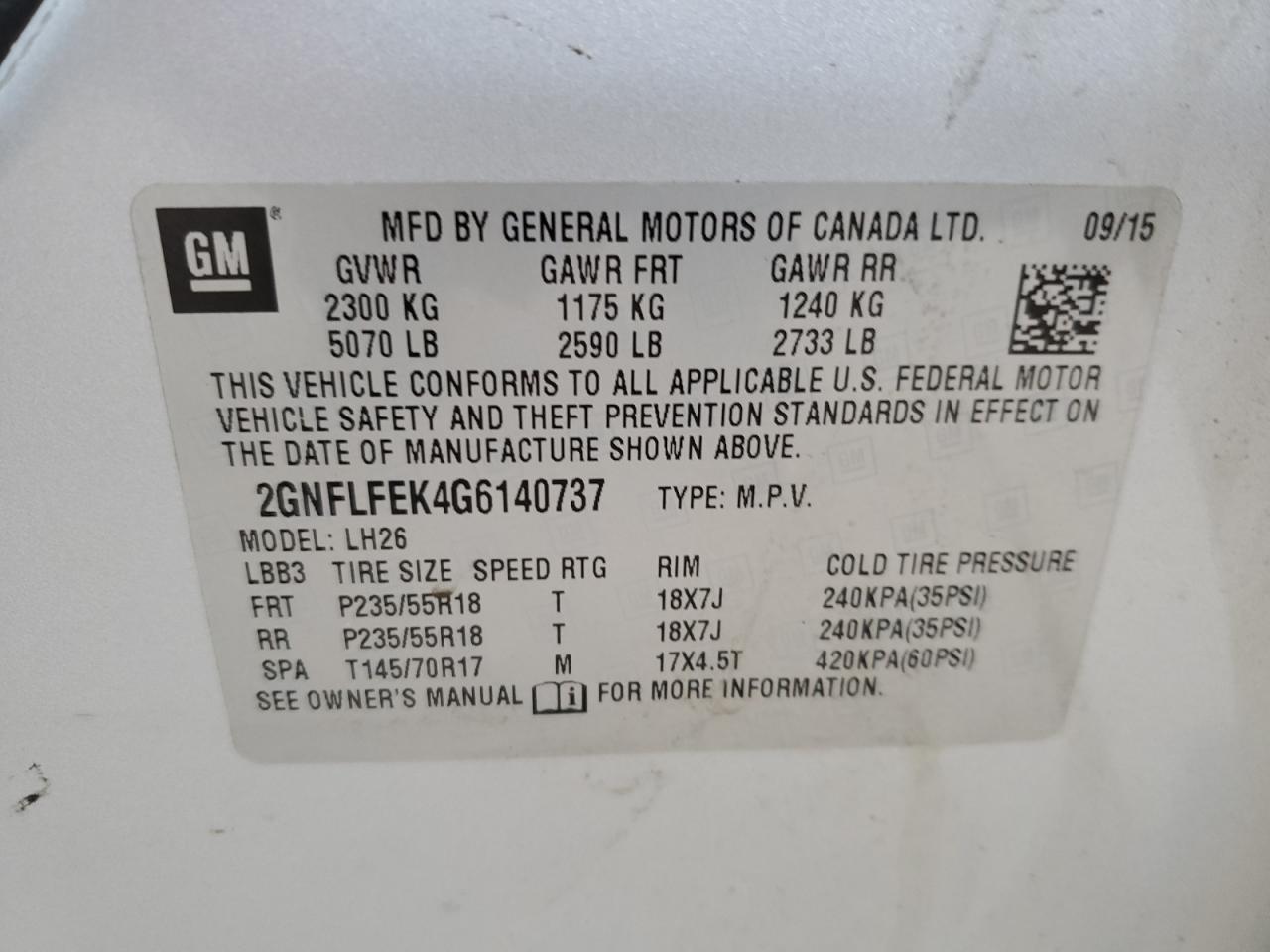 2016 Chevrolet Equinox VIN 2GNFLFEK4G6140737 Copart auction photo, side / rear end damage thumbnail 14