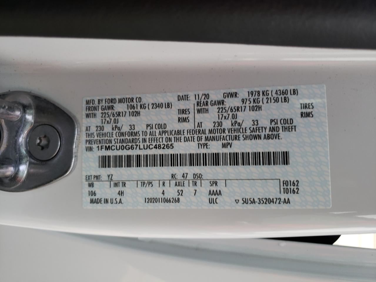 2020 Ford Escape VIN 1FMCU0G67LUC48265 Copart auction photo, front end damage thumbnail 14