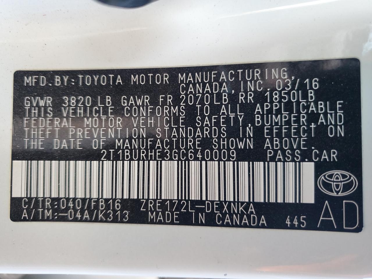 2016 Toyota Corolla VIN 2T1BURHE3GC640009 Copart auction photo, side / rear end damage thumbnail 12