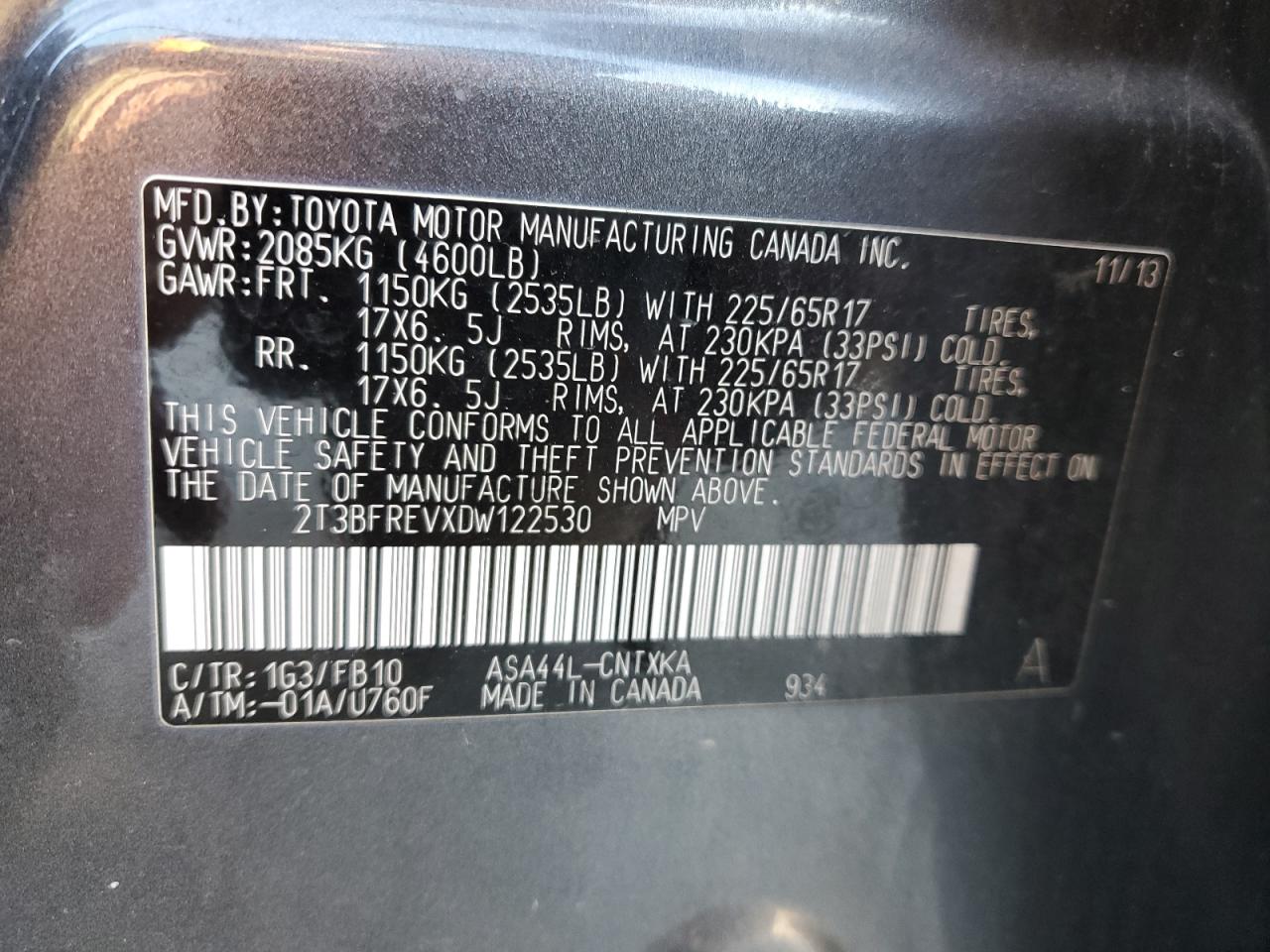 2013 Toyota RAV 4 VIN 2T3BFREVXDW122530 Copart auction photo, front end / rear end damage thumbnail 16