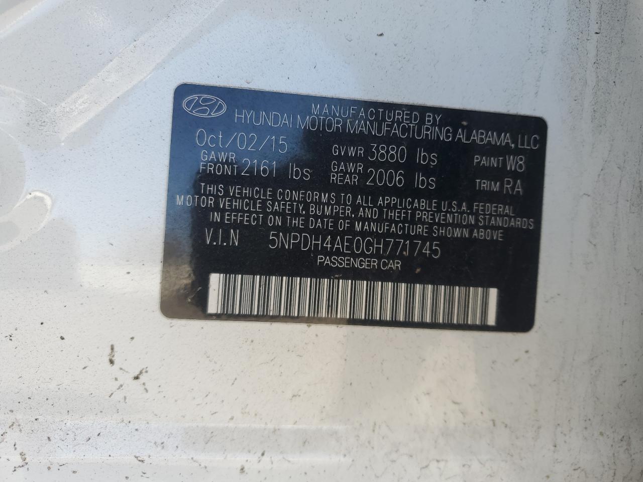 2016 Hyundai Elantra VIN 5NPDH4AE0GH771745 Copart auction photo, normal wear / vandalism damage thumbnail 12