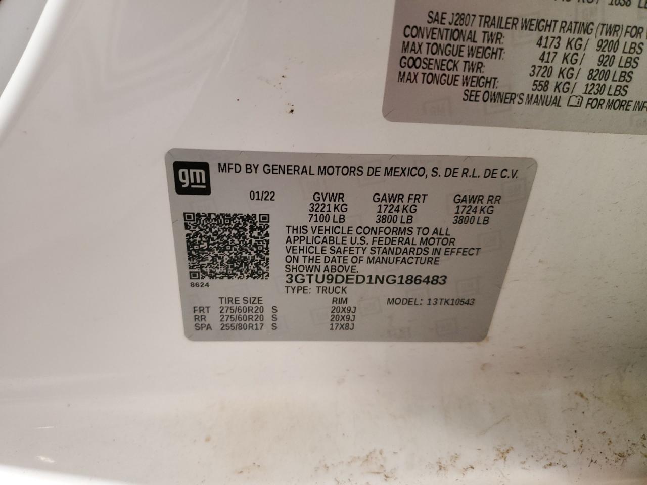 2022 GMC Sierra VIN 3GTU9DED1NG186483 Copart auction photo, front end damage thumbnail 14