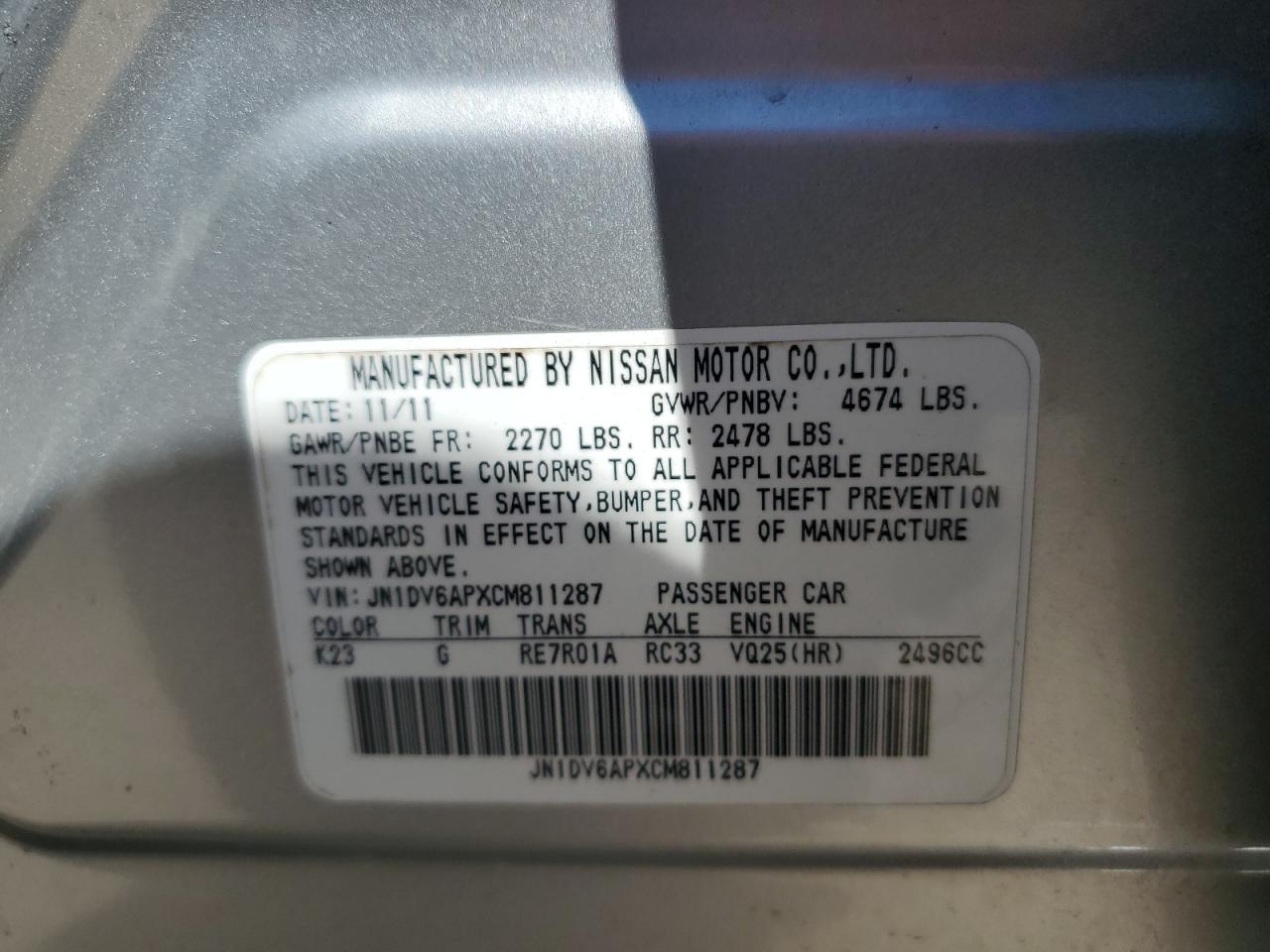 2012 Infiniti G VIN JN1DV6APXCM811287 Copart auction photo, front end / side damage thumbnail 12