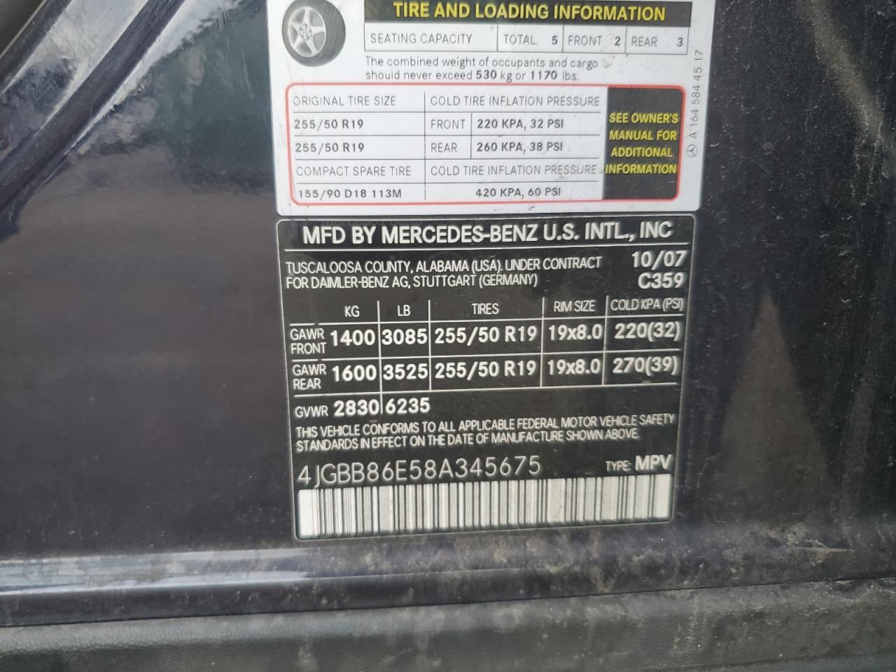 2008 Mercedes-Benz M-klasse VIN 4JGBB86E58A345675 Copart auction photo, rear end damage thumbnail 13