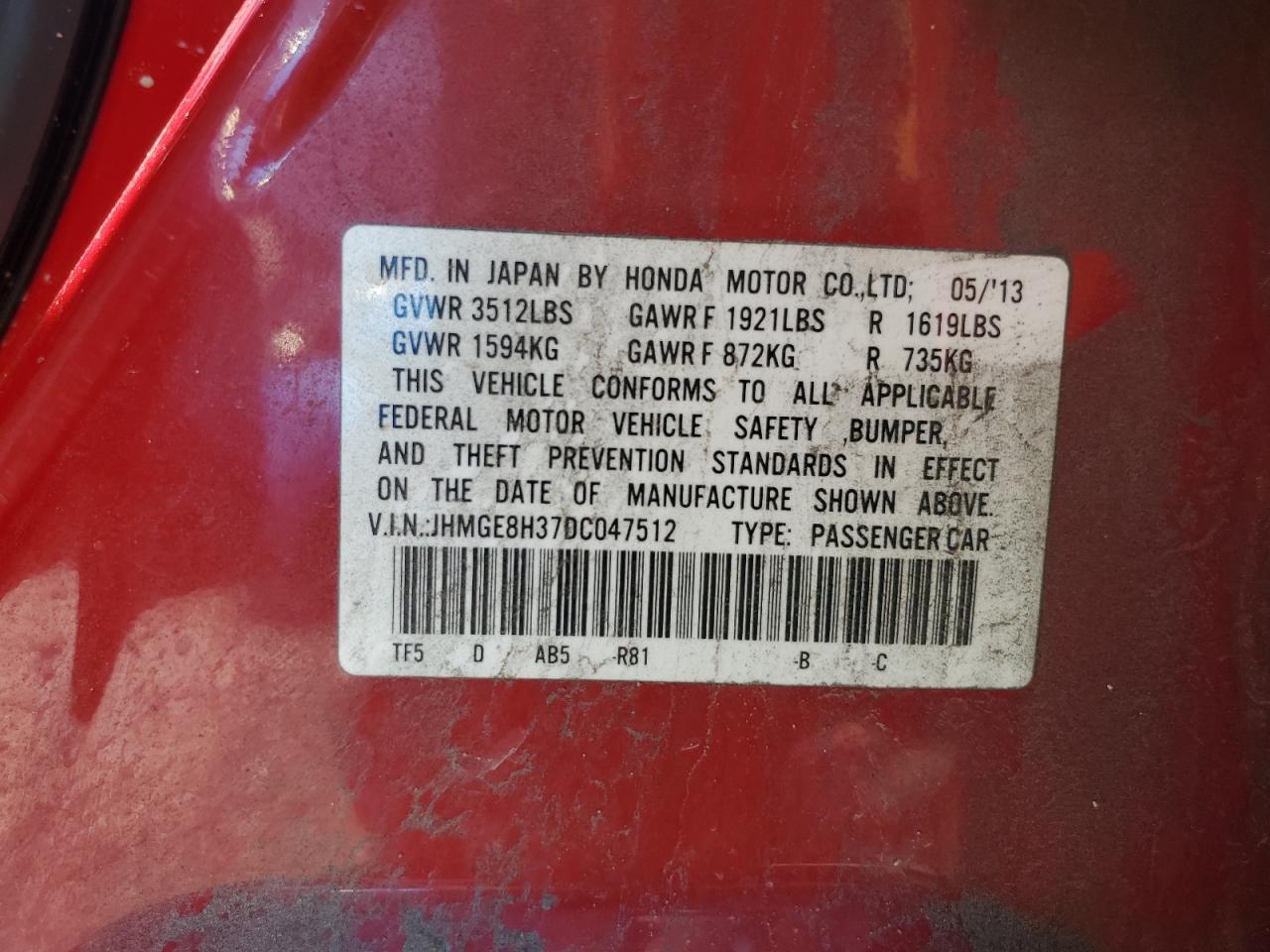 2013 Honda Fit VIN JHMGE8H37DC047512 Copart auction photo, mechanical damage thumbnail 12