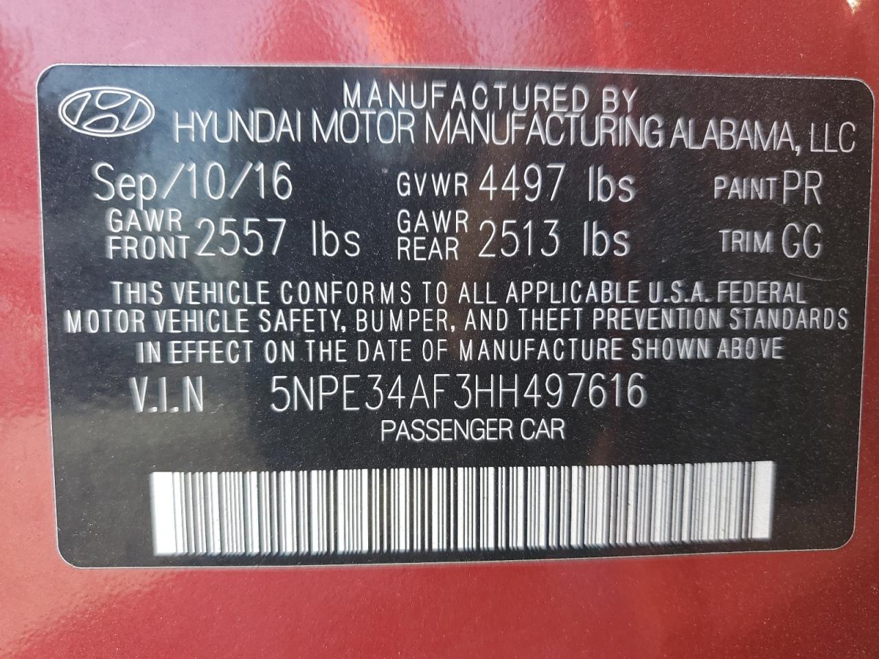 2017 Hyundai Sonata VIN 5NPE34AF3HH497616 Copart auction photo, front end damage thumbnail 13