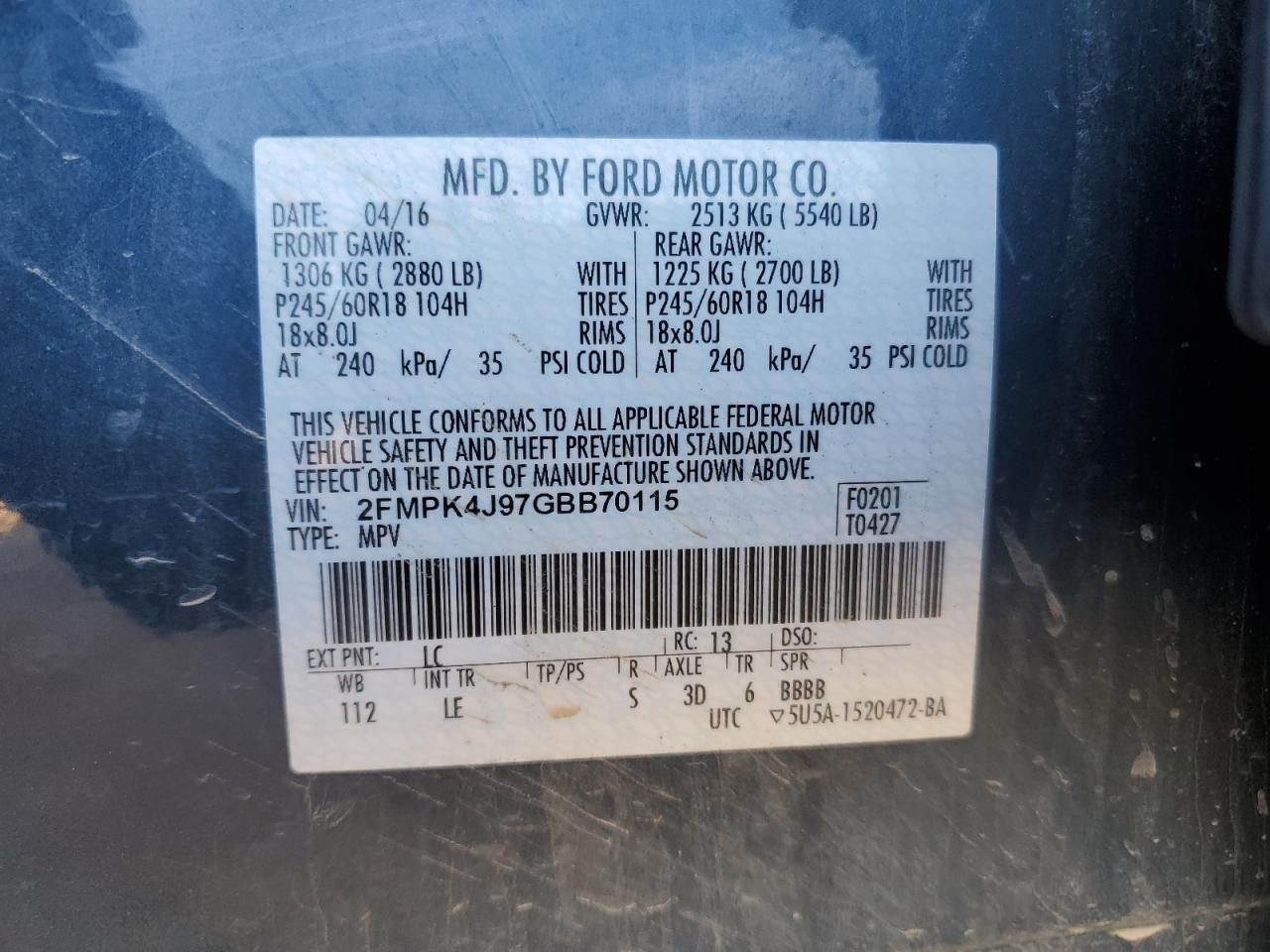 2016 Ford Edge VIN 2FMPK4J97GBB70115 Copart auction photo, all over damage thumbnail 12