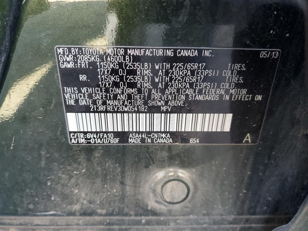 2013 Toyota RAV 4 VIN 2T3RFREV3DW054182 Copart auction photo, front end damage thumbnail 13