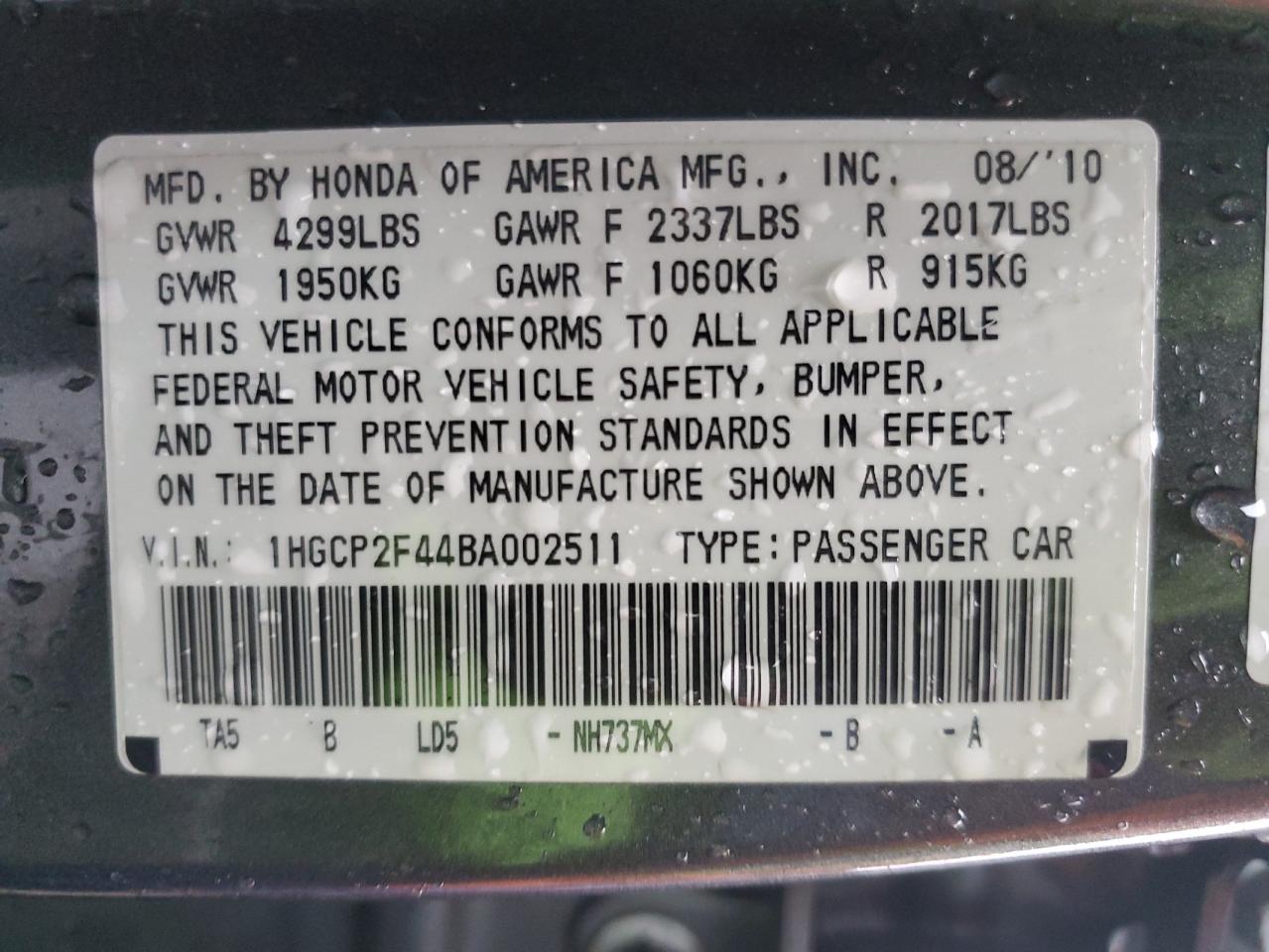 2011 Honda Accord VIN 1HGCP2F44BA002511 Copart auction photo, rear end damage thumbnail 13