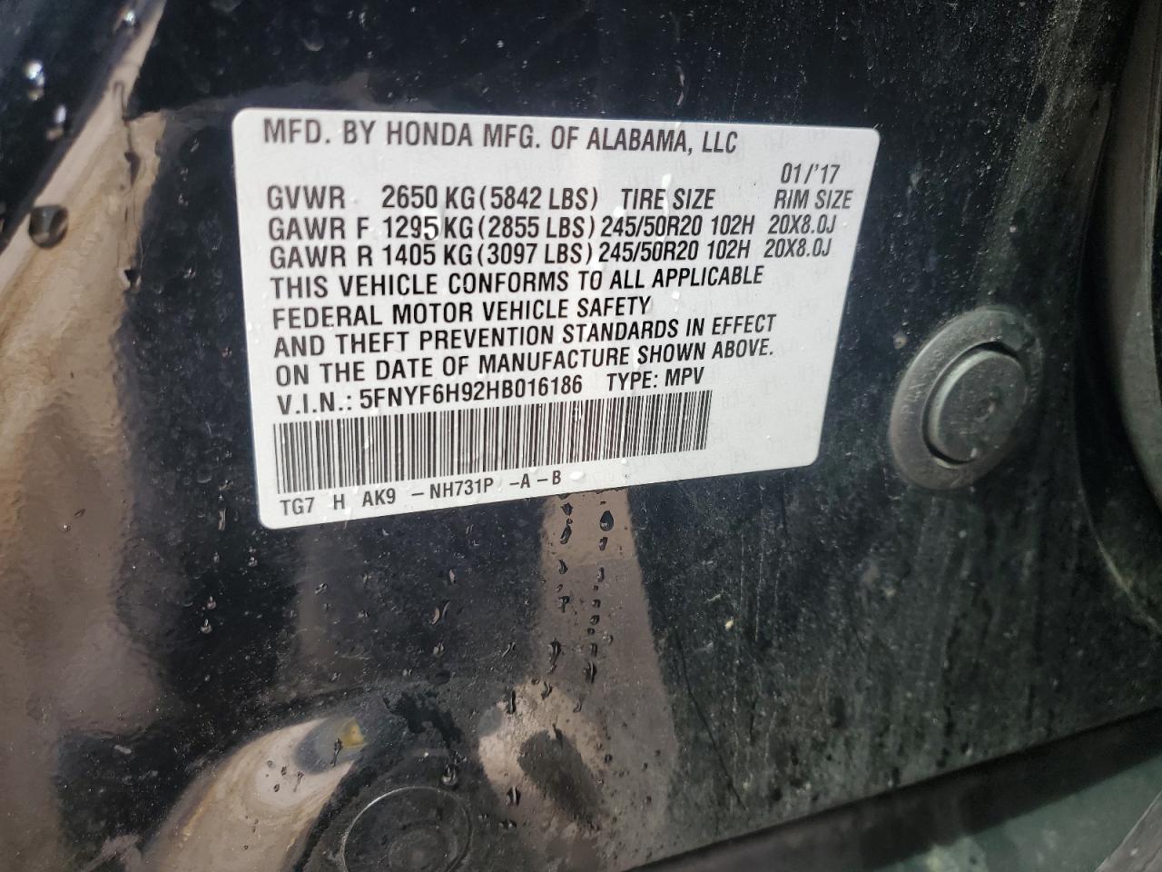 2017 Honda Pilot VIN 5FNYF6H92HB016186 Copart auction photo, front end / side damage thumbnail 13