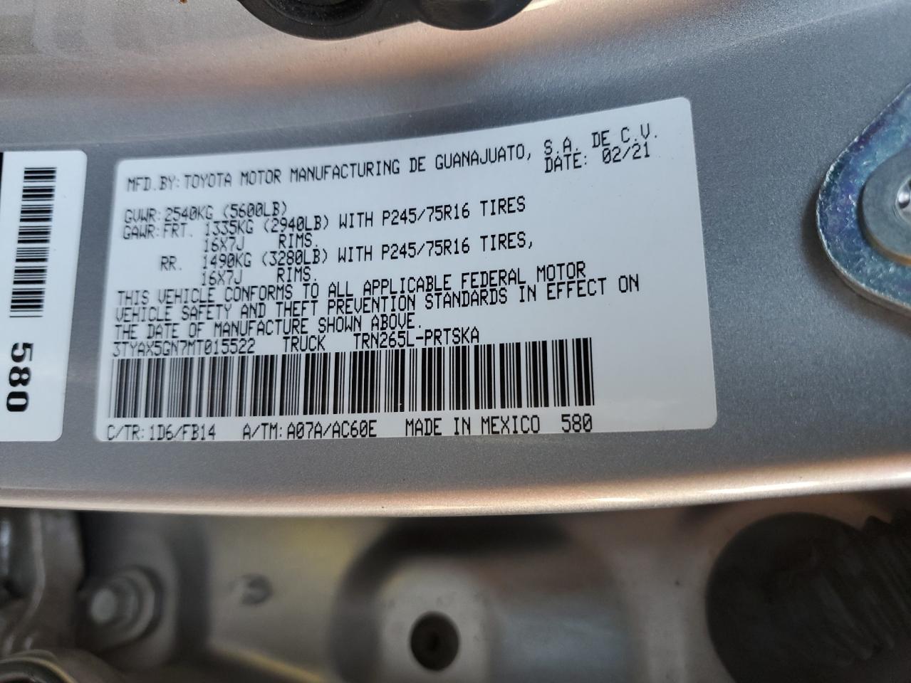 2021 Toyota Tacoma VIN 3TYAX5GN7MT015522 Copart auction photo, side / front end damage thumbnail 12