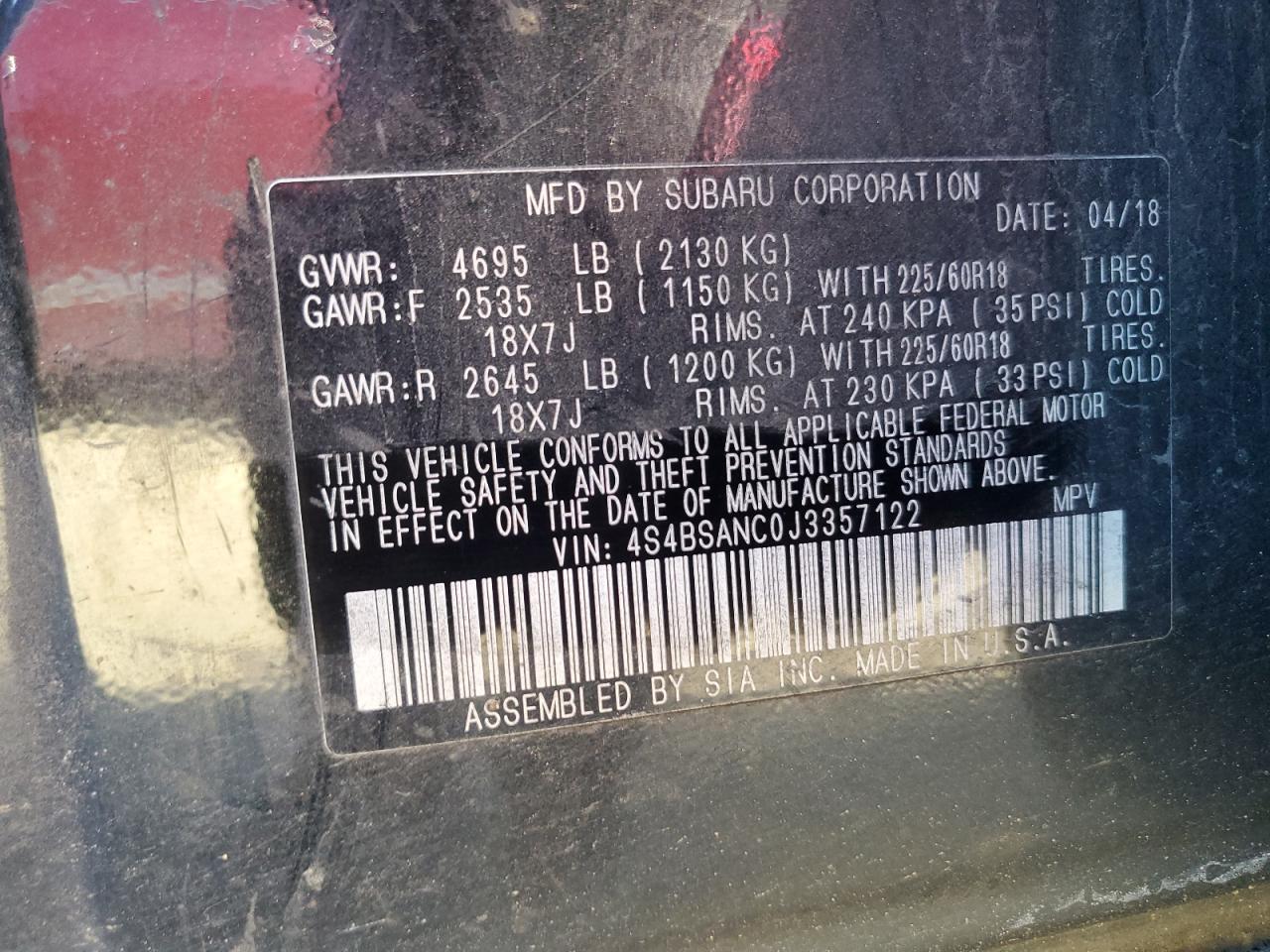 2018 Subaru Outback VIN 4S4BSANC0J3357122 Copart auction photo, front end / side damage thumbnail 14