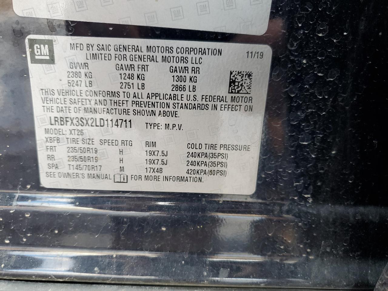 2020 Buick Envision VIN LRBFX3SX2LD114711 Copart auction photo, side / rear end damage thumbnail 13