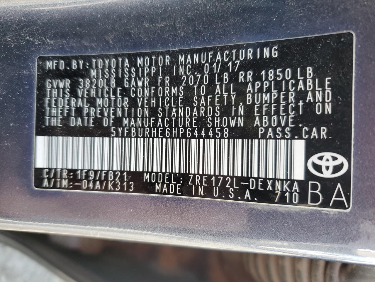 2017 Toyota Corolla VIN 5YFBURHE6HP644458 Copart auction photo, front end damage thumbnail 14