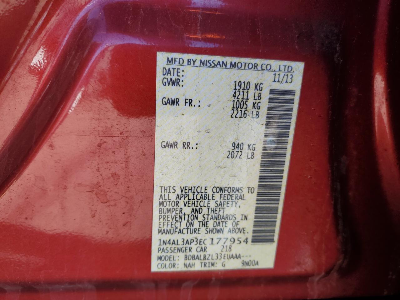 2014 Nissan Altima VIN 1N4AL3AP3EC177954 Copart auction photo, rear end damage thumbnail 14