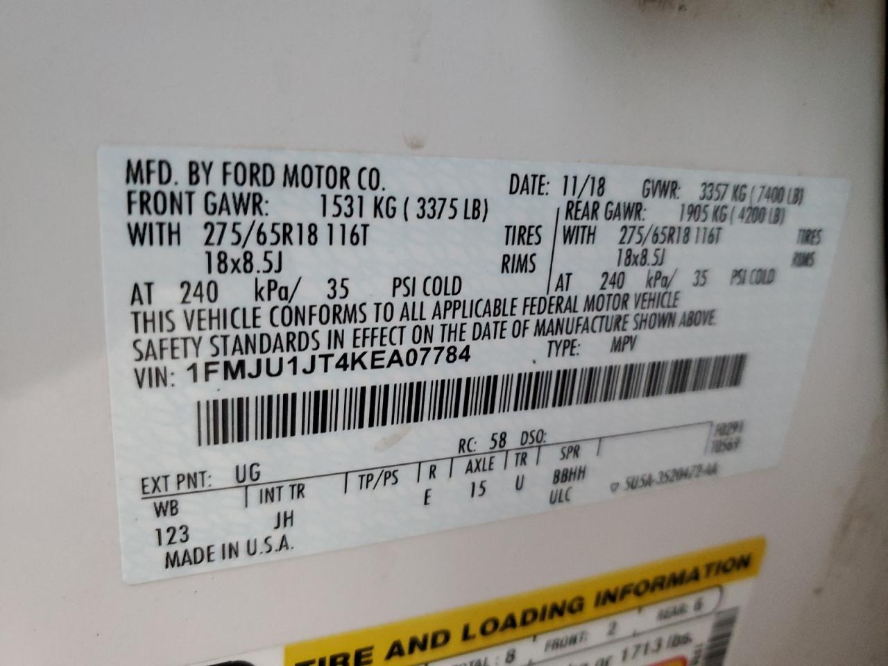 2019 Ford Expedition VIN 1FMJU1JT4KEA07784 Copart auction photo, front end / side damage thumbnail 14