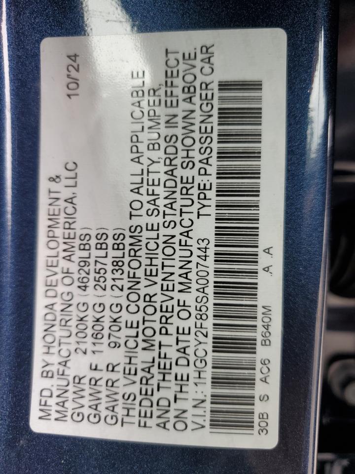 2025 Honda Accord VIN 1HGCY2F85SA007443 Copart auction photo, rear end / front end damage thumbnail 12