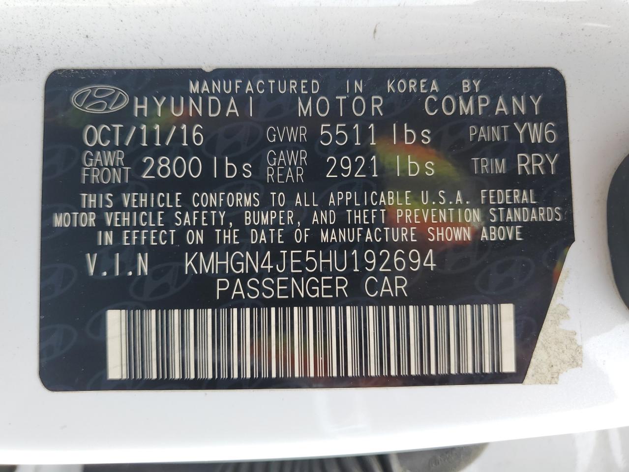 2017 Genesis G80 VIN KMHGN4JE1HU172474 Copart auction photo, front end / minor dent/scratches damage thumbnail 14