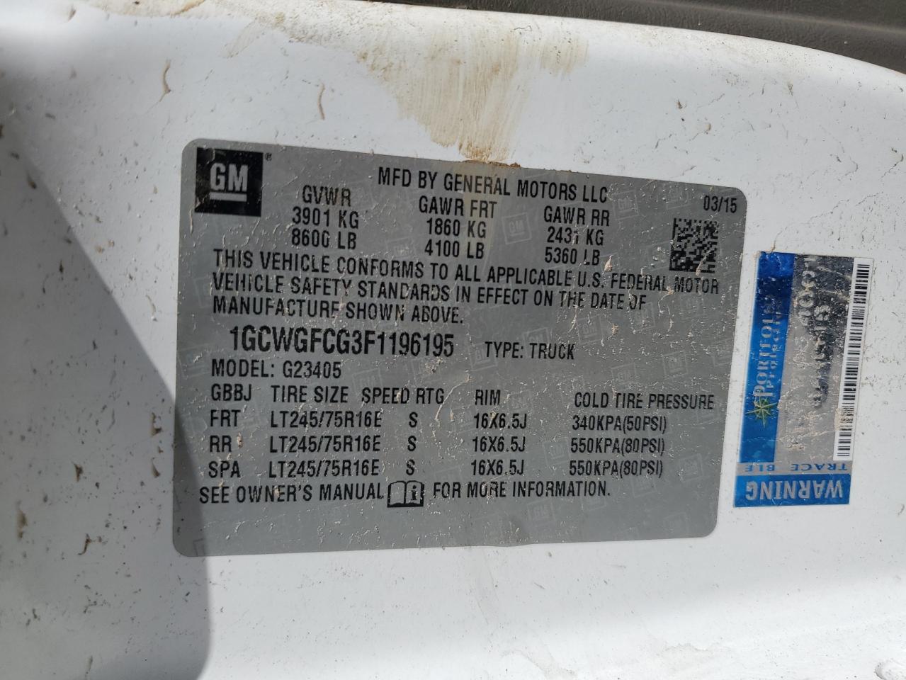 2015 Chevrolet Express VIN 1GCWGFCG3F1196195 Copart auction photo, front end / hail damage thumbnail 13