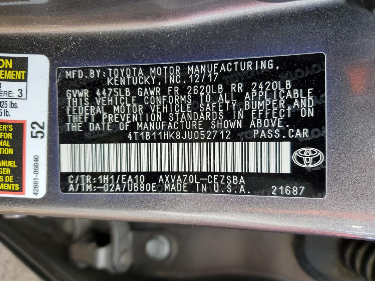 2018 Toyota Camry VIN 4T1B11HK8JU052712 Copart auction photo, front end / side damage thumbnail 14