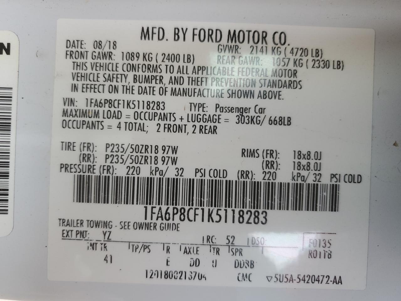 2019 Ford Mustang VIN 1FA6P8CF1K5118283 Copart auction photo, front end damage thumbnail 13