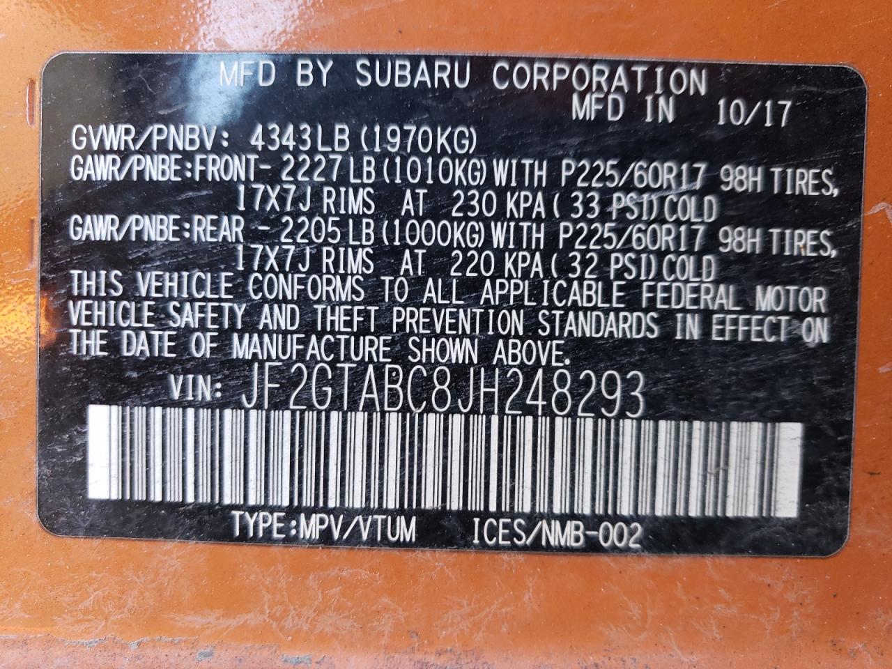 2018 Subaru XV VIN JF2GTABC8JH248293 Copart auction photo, side / hail damage thumbnail 14