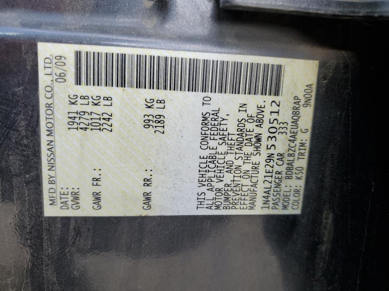 2009 Nissan Altima VIN 1N4AL21E29N530512 Copart auction photo, rear end damage thumbnail 14