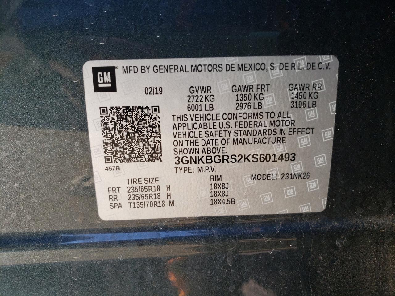 2019 Chevrolet Blazer VIN 3GNKBGRS2KS601493 Copart auction photo, front end damage thumbnail 13