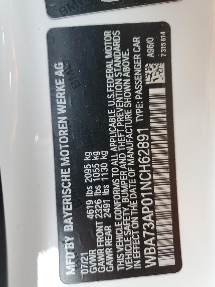 2022 BMW 4er VIN WBA73AP01NCH62891 Copart auction photo, undercarriage / all over damage thumbnail 14