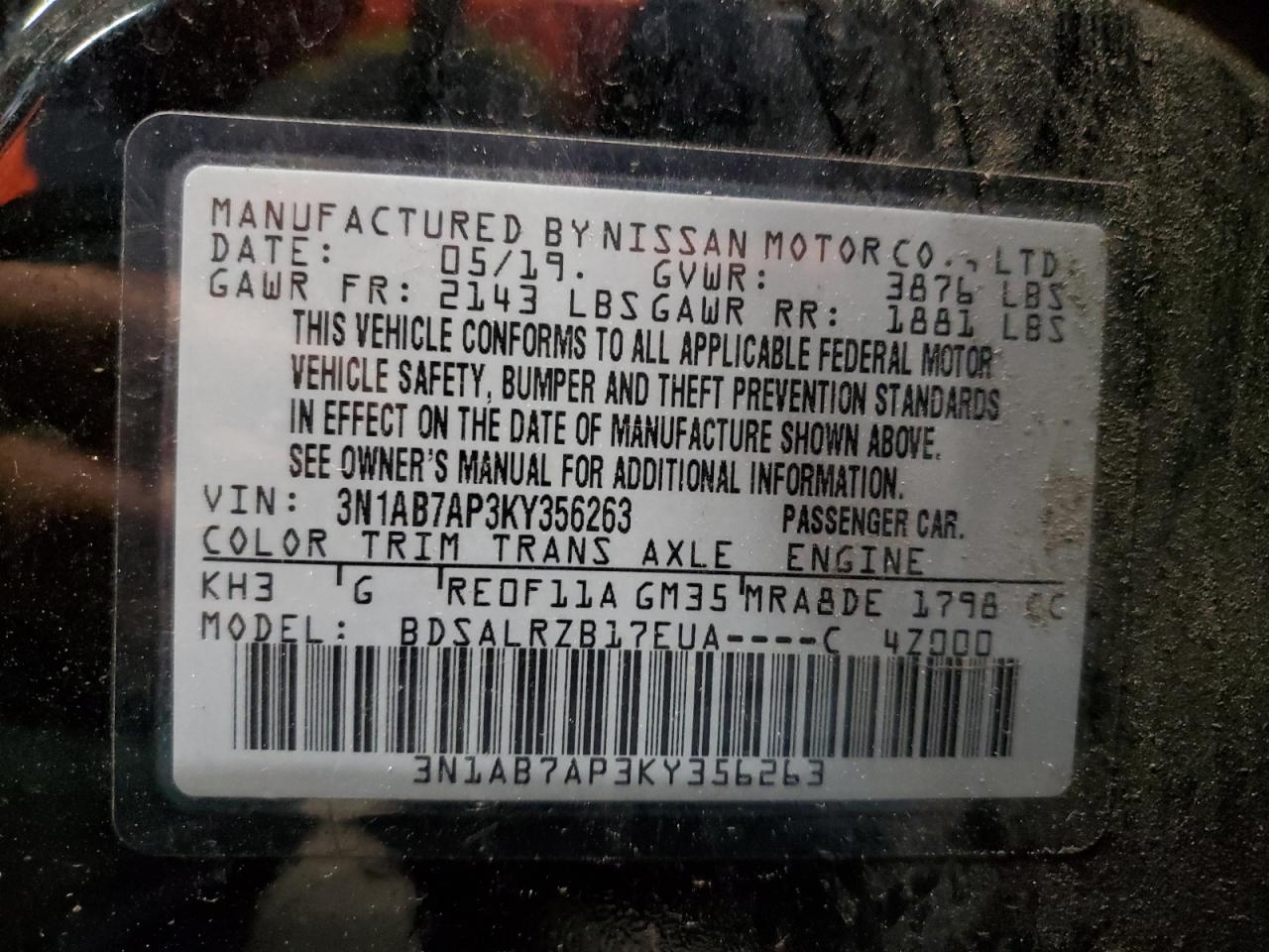 2019 Nissan Sentra VIN 3N1AB7AP3KY356263 Copart auction photo, all over damage thumbnail 13