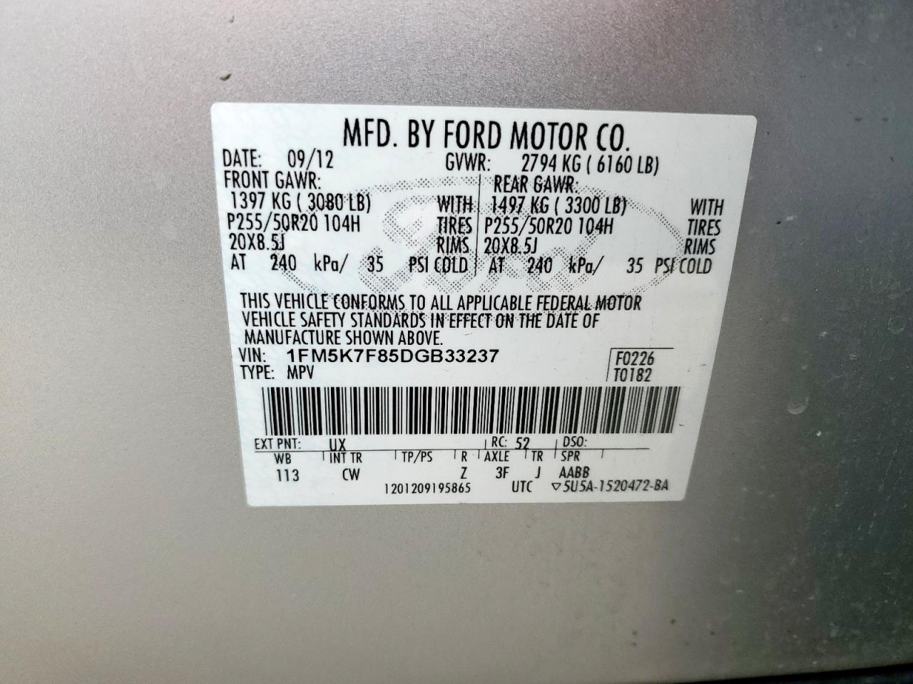 2013 Ford Explorer VIN 1FM5K7F85DGB33237 Copart auction photo, rear end damage thumbnail 13