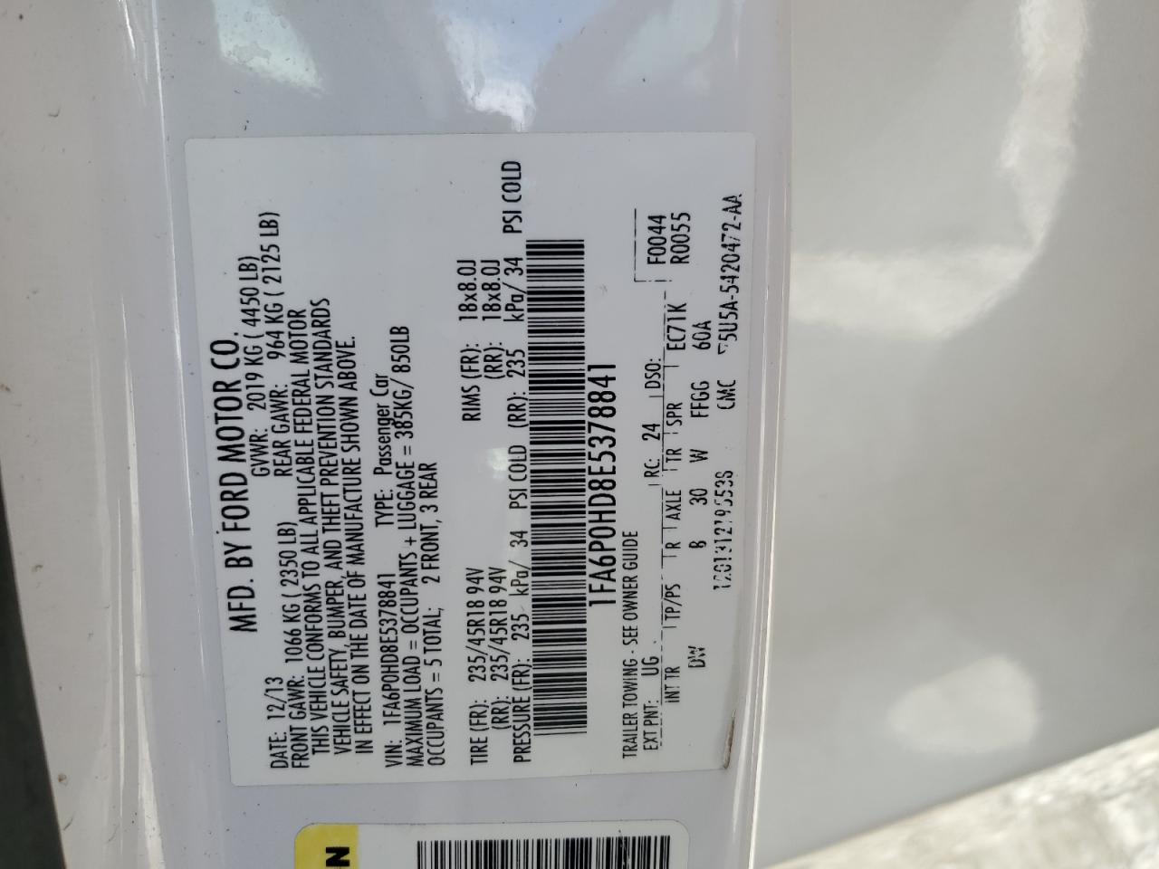 2014 Ford Fusion VIN 1FA6P0HD8E5378841 Copart auction photo, front end / side damage thumbnail 14