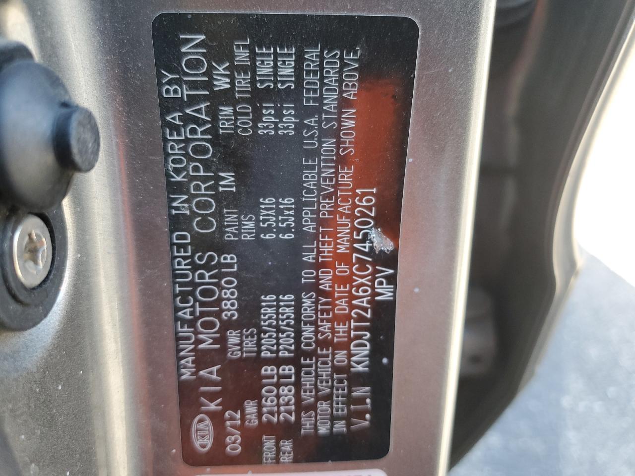 2012 KIA Soul VIN KNDJT2A6XC7450261 Copart auction photo, front end damage thumbnail 12