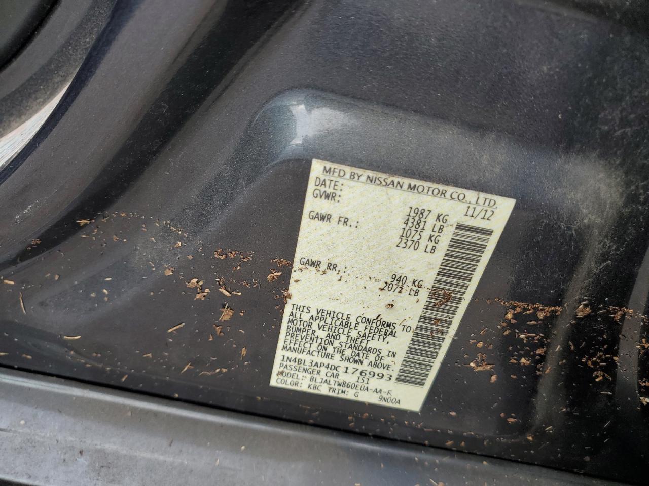 2013 Nissan Altima VIN 1N4BL3AP4DC176993 Copart auction photo, water/flood damage thumbnail 10