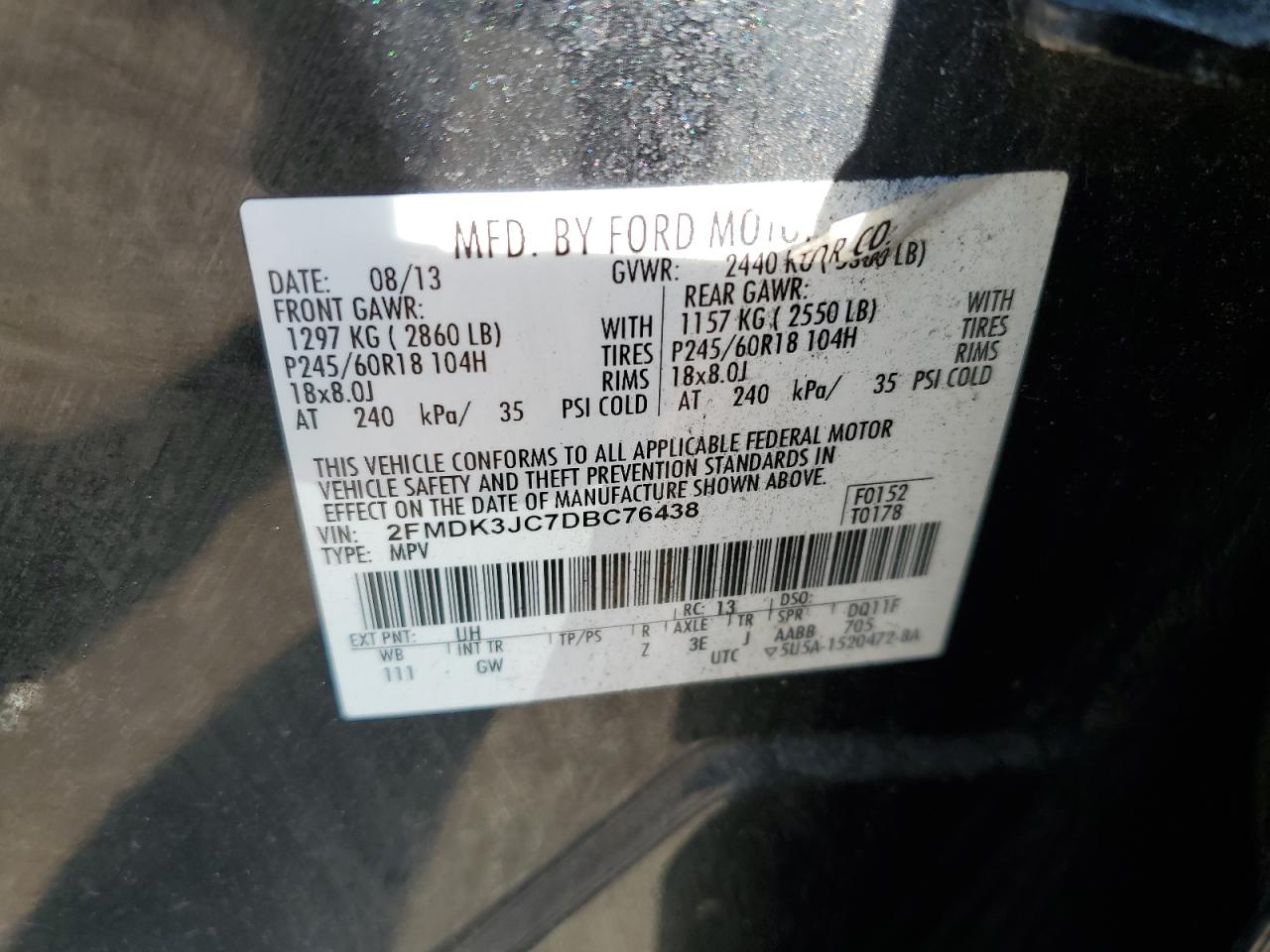 2013 Ford Edge VIN 2FMDK3JC7DBC76438 Copart auction photo, front end / side damage thumbnail 13