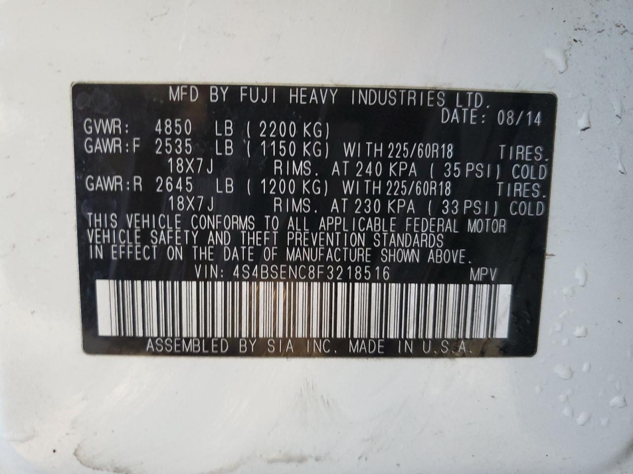 2015 Subaru Outback VIN 4S4BSENC8F3218516 Copart auction photo, undercarriage / minor dent/scratches damage thumbnail 13