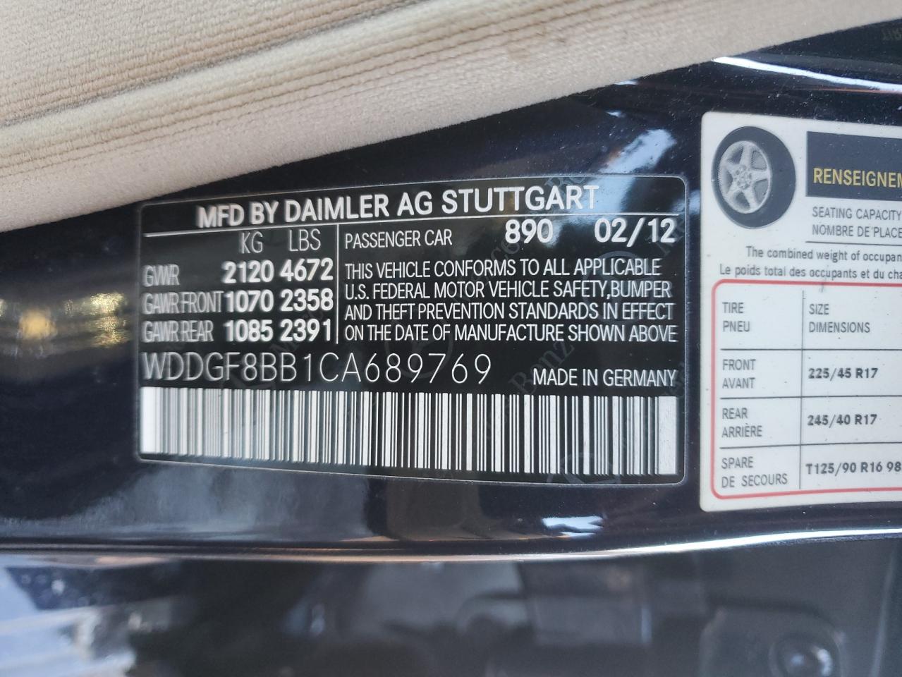 2012 Mercedes-Benz C-klasse VIN WDDGF8BB1CA689769 Copart auction photo, front end damage thumbnail 14