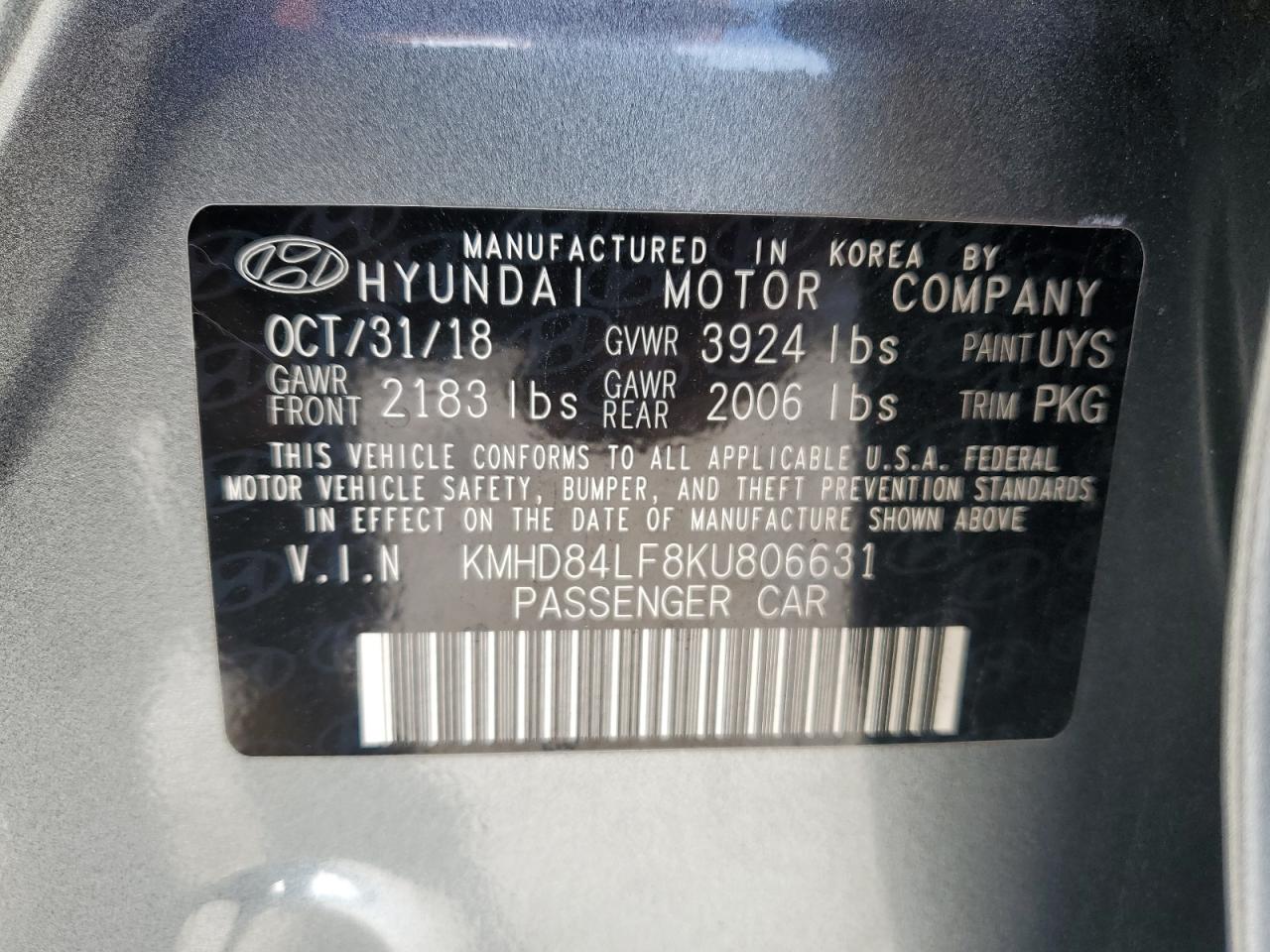 2019 Hyundai Elantra VIN KMHD84LF8KU806631 Copart auction photo, front end damage thumbnail 14