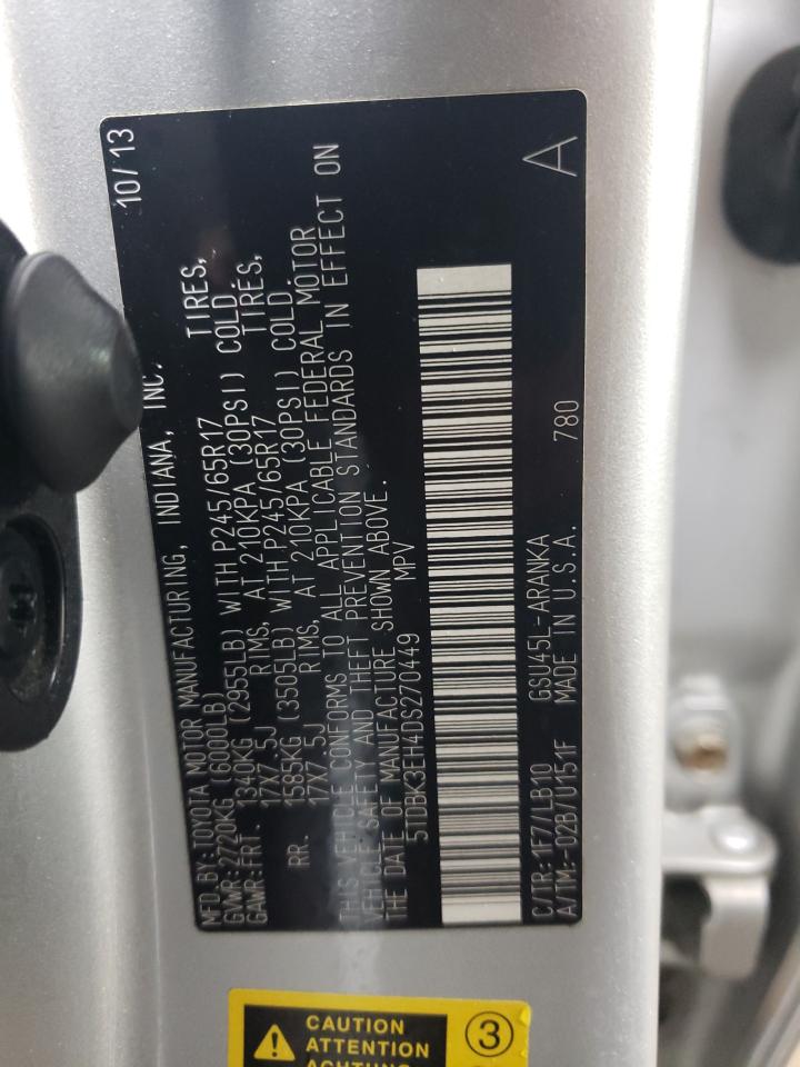 2013 Toyota Highlander VIN 5TDBK3EH4DS270449 Copart auction photo, side / front end damage thumbnail 13