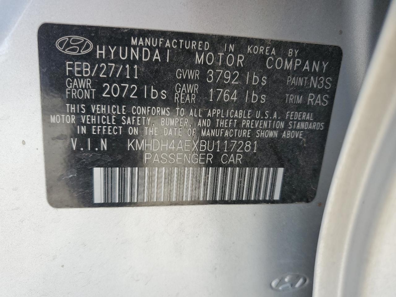 2011 Hyundai Elantra VIN KMHDH4AEXBU117281 Copart auction photo, rear end / minor dent/scratches damage thumbnail 14