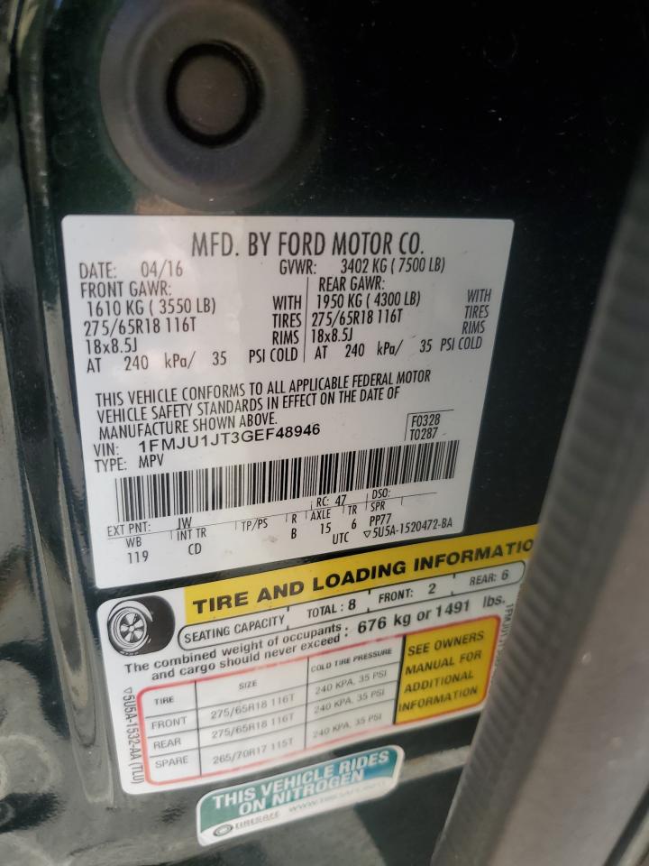 2016 Ford Expedition VIN 1FMJU1JT3GEF48946 Copart auction photo, side damage thumbnail 13