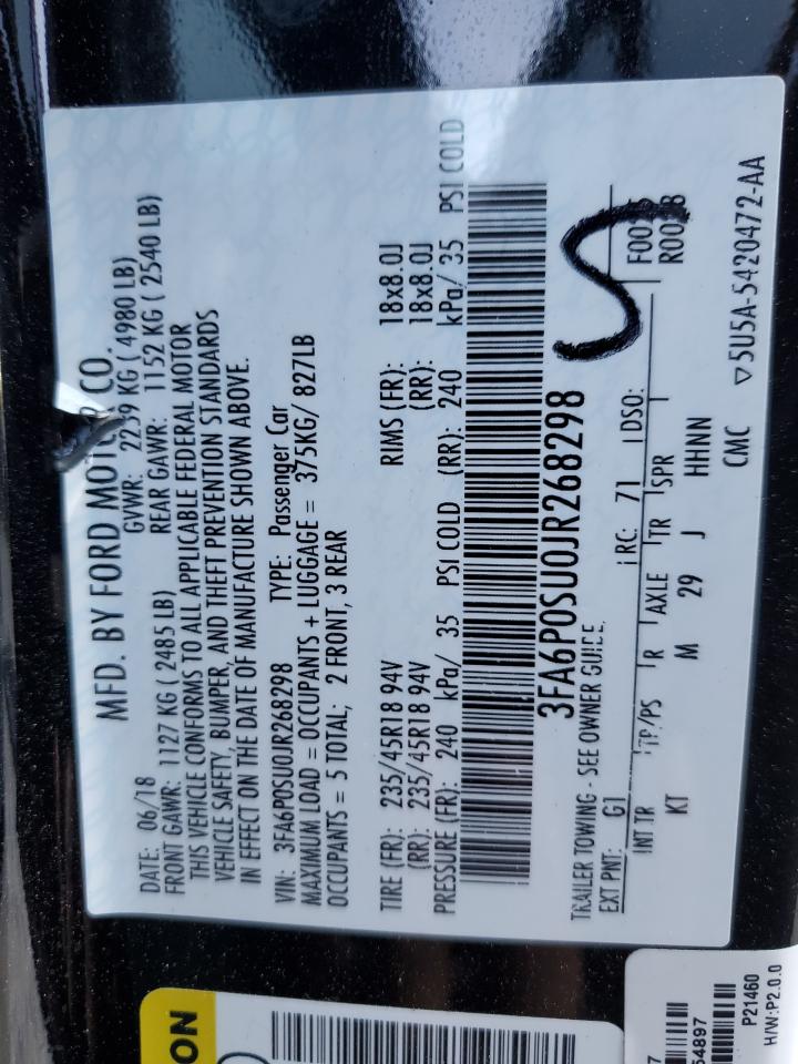 2018 Ford Fusion VIN 3FA6P0SU0JR268298 Copart auction photo, front end damage thumbnail 14
