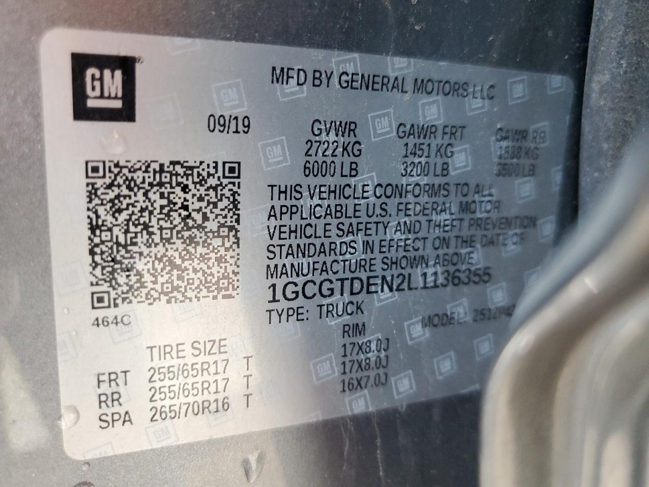 2020 Chevrolet Colorado VIN 1GCGTDEN2L1136355 Copart auction photo, front end / side damage thumbnail 12