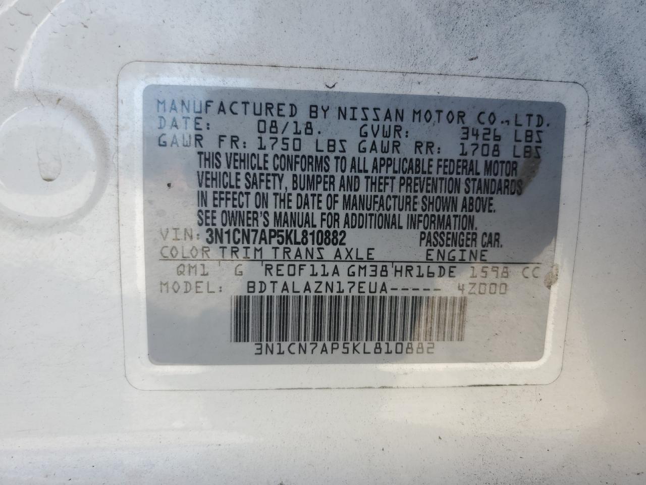 2019 Nissan Versa VIN 3N1CN7AP5KL810882 Copart auction photo, front end damage thumbnail 12