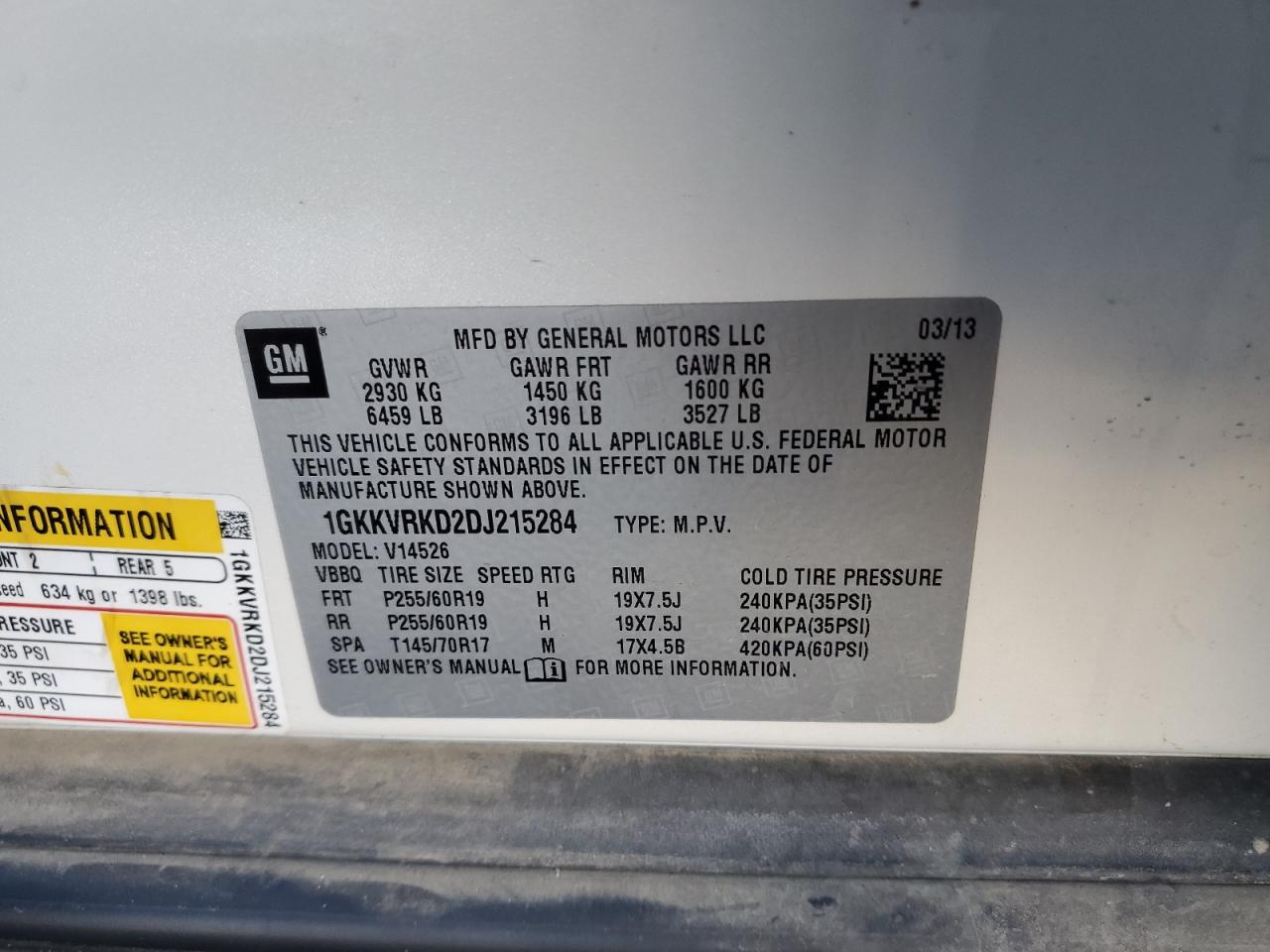 2013 GMC Acadia VIN 1GKKVRKD2DJ215284 Copart auction photo, side damage thumbnail 15