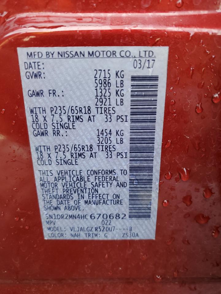 2017 Nissan Pathfinder VIN 5N1DR2MN4HC670682 Copart auction photo, front end damage thumbnail 15